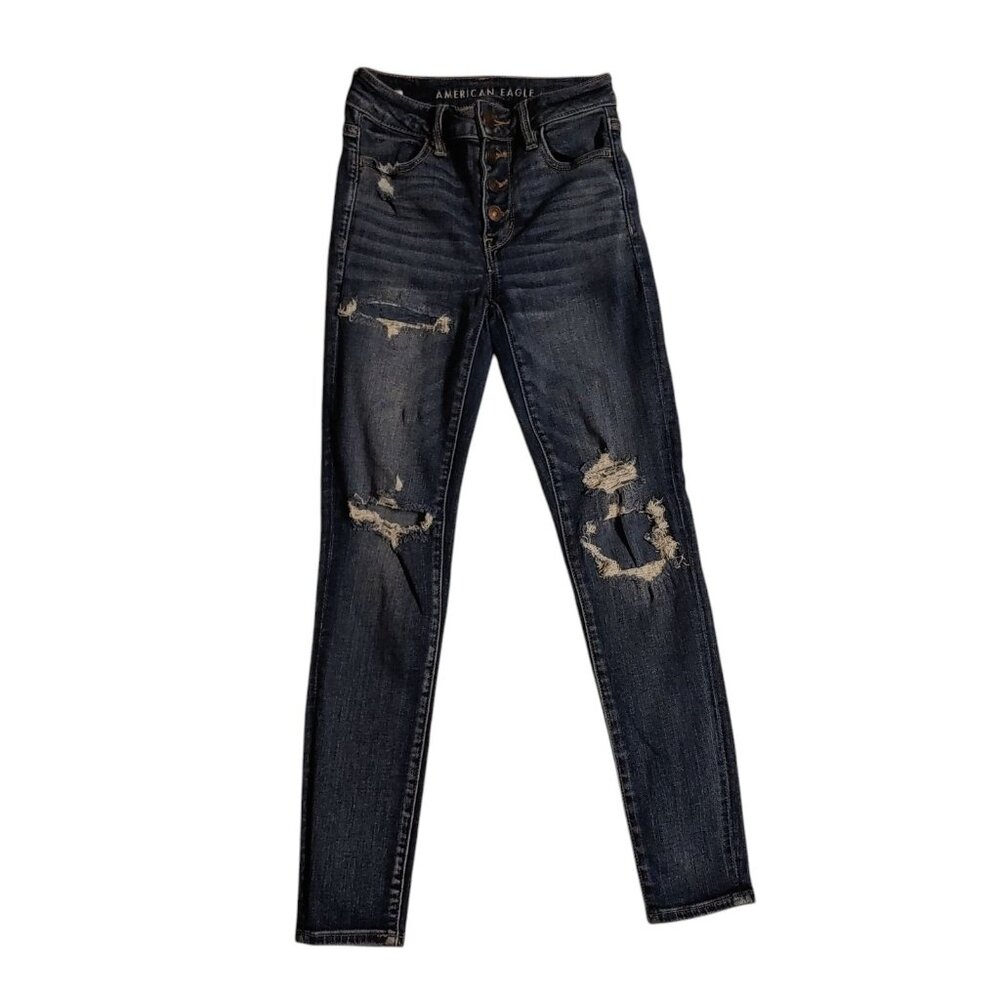 American Eagle High Rise Jegging Womens 0 Short Dark Wash Distressed Skinny Jean